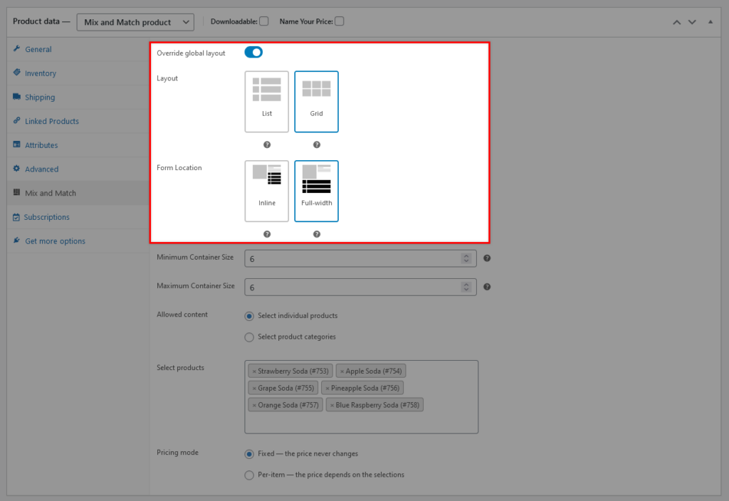 Mix and Match product layout and form location visible in admin product meta box when the override global layout toggle is enabled.
