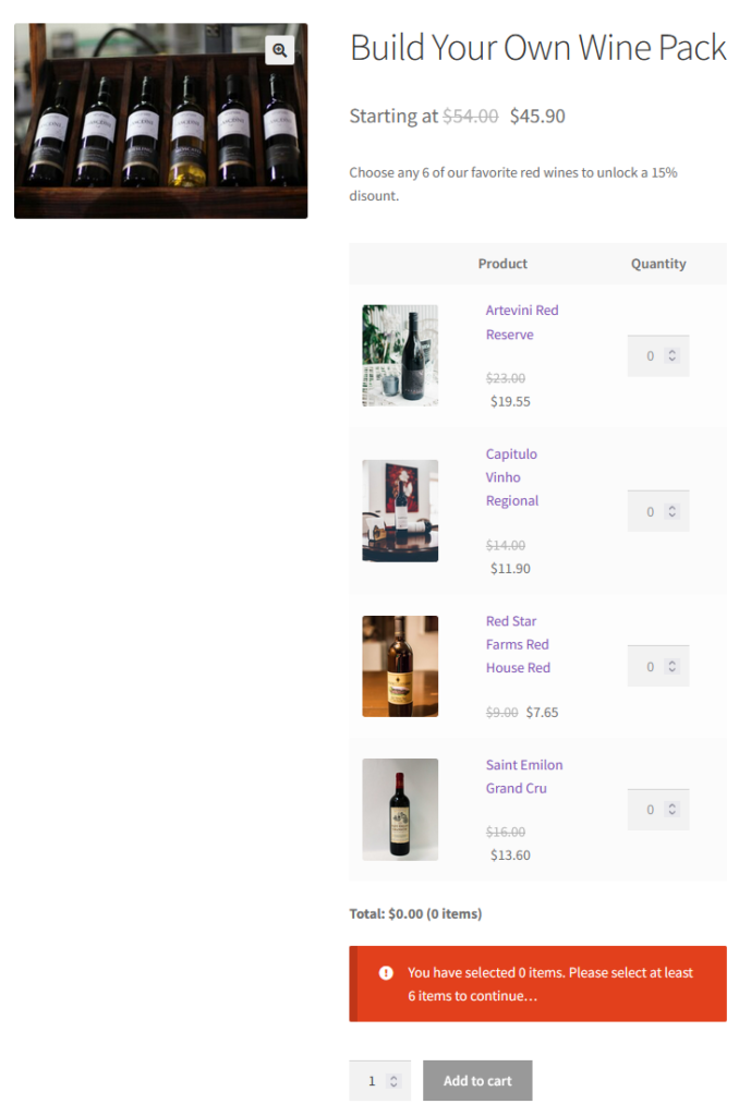 Build Your Own Wine Pack product. It has a primary thumbnail image that is a group of wine bottles in a box. Then it shows a table of 4 different bottles of red wine with a quantity input next to each.